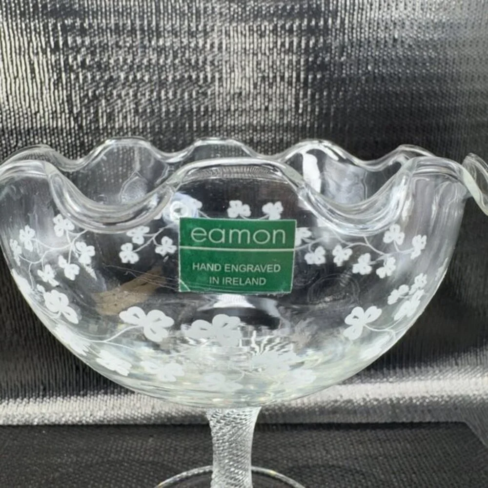 Eamon Glass Engraved Clover Ireland Swirl Footed Compote Dish‎ Bowl Clear Glass